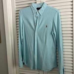 Ralph Lauren turquoise long sleeve knit button down with white stripes.